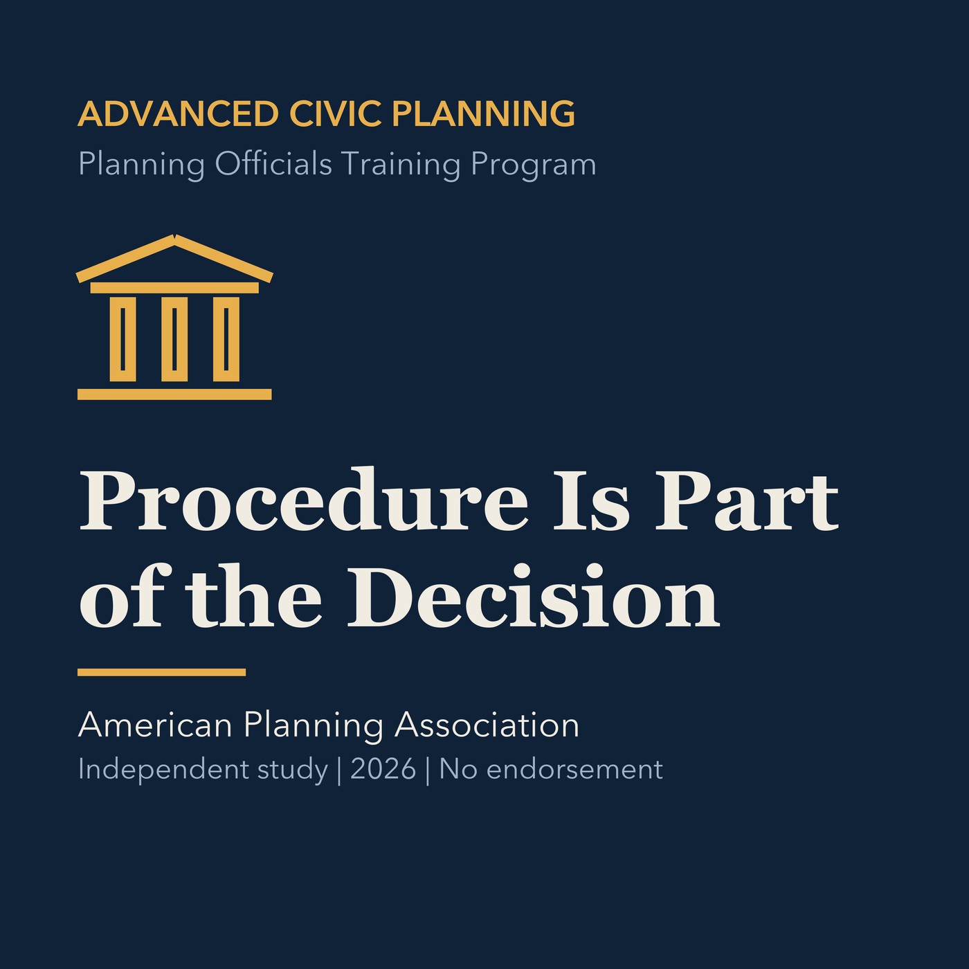 Gold civic planning line art and ivory episode title on a deep navy background.