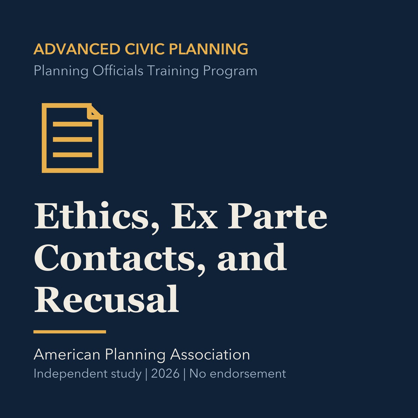 Gold civic planning line art and ivory episode title on a deep navy background.