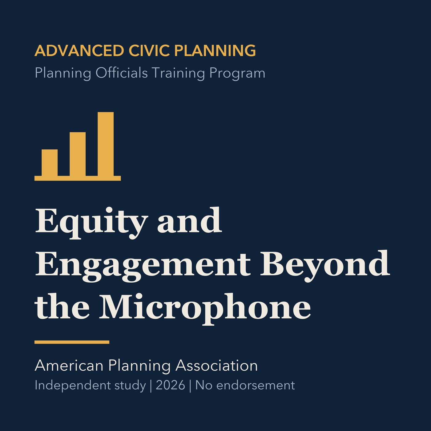 Gold civic planning line art and ivory episode title on a deep navy background.