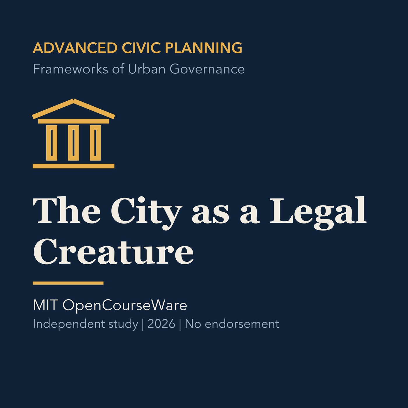 Gold civic planning line art and ivory episode title on a deep navy background.