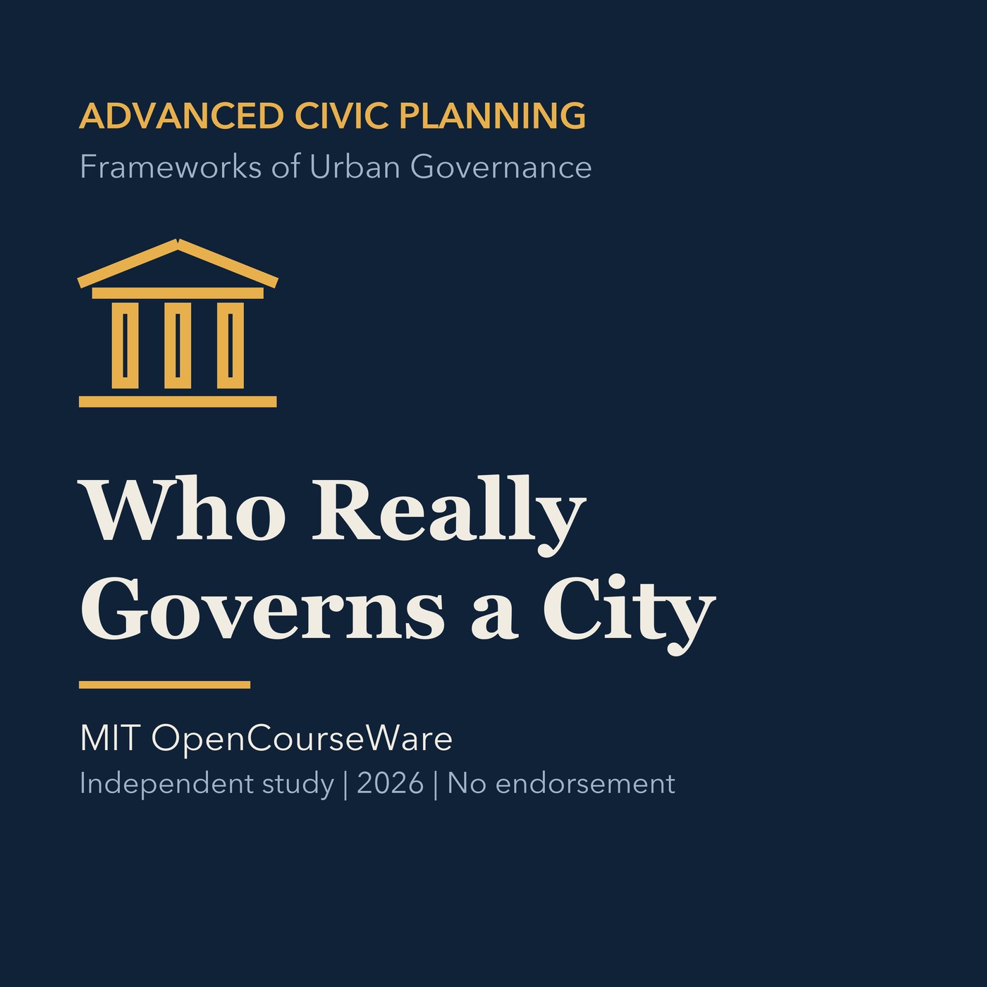 Gold civic planning line art and ivory episode title on a deep navy background.