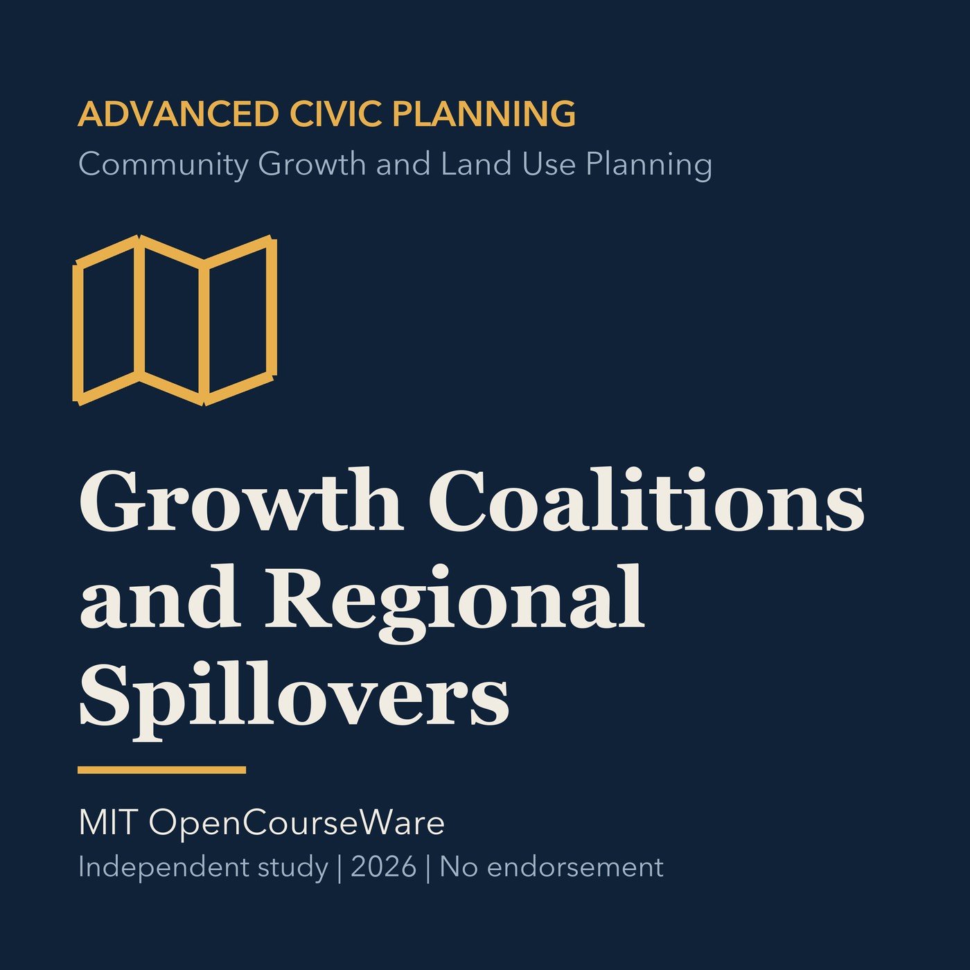 Gold civic planning line art and ivory episode title on a deep navy background.