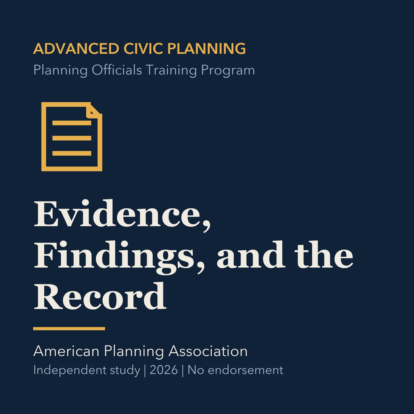 Gold civic planning line art and ivory episode title on a deep navy background.