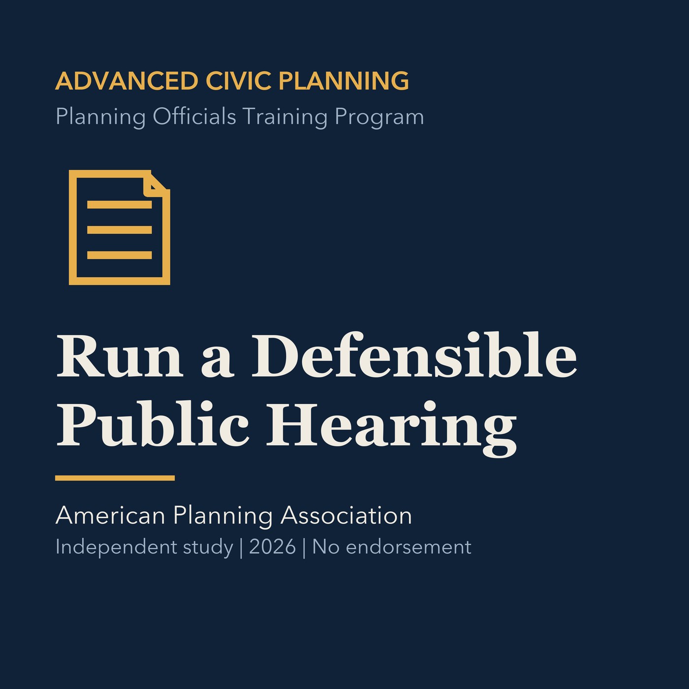 Gold civic planning line art and ivory episode title on a deep navy background.
