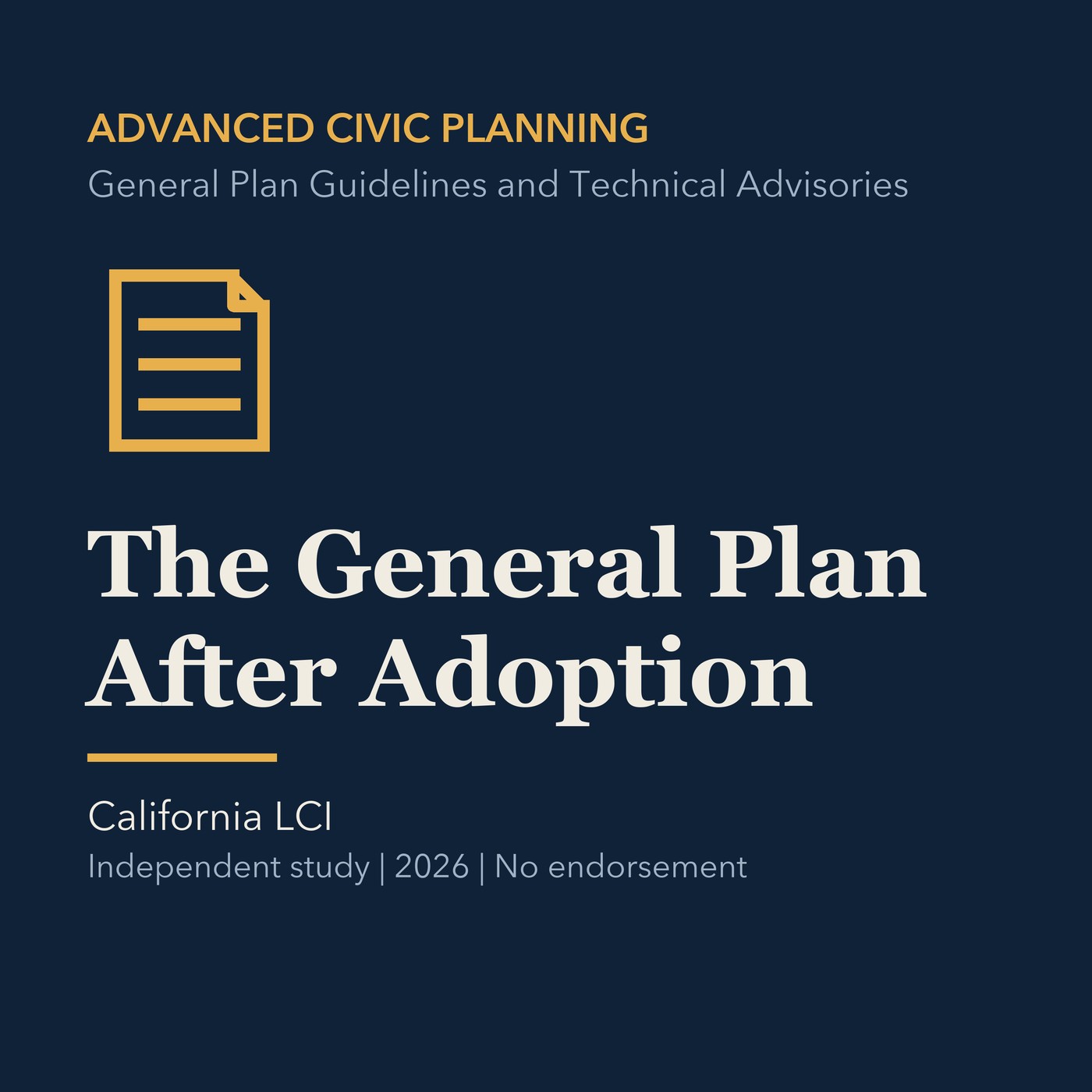 Gold civic planning line art and ivory episode title on a deep navy background.
