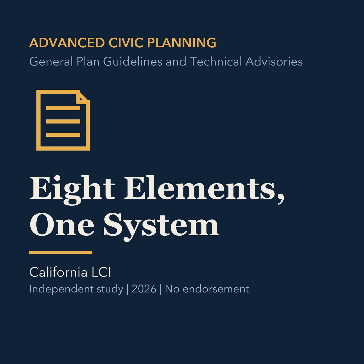 Gold civic planning line art and ivory episode title on a deep navy background.