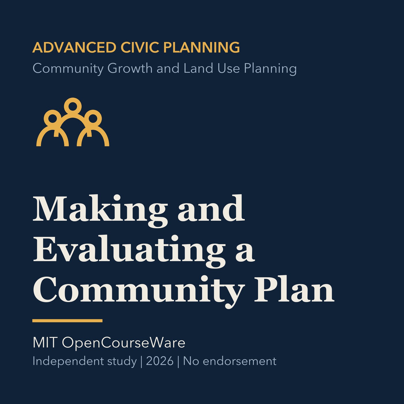 Gold civic planning line art and ivory episode title on a deep navy background.
