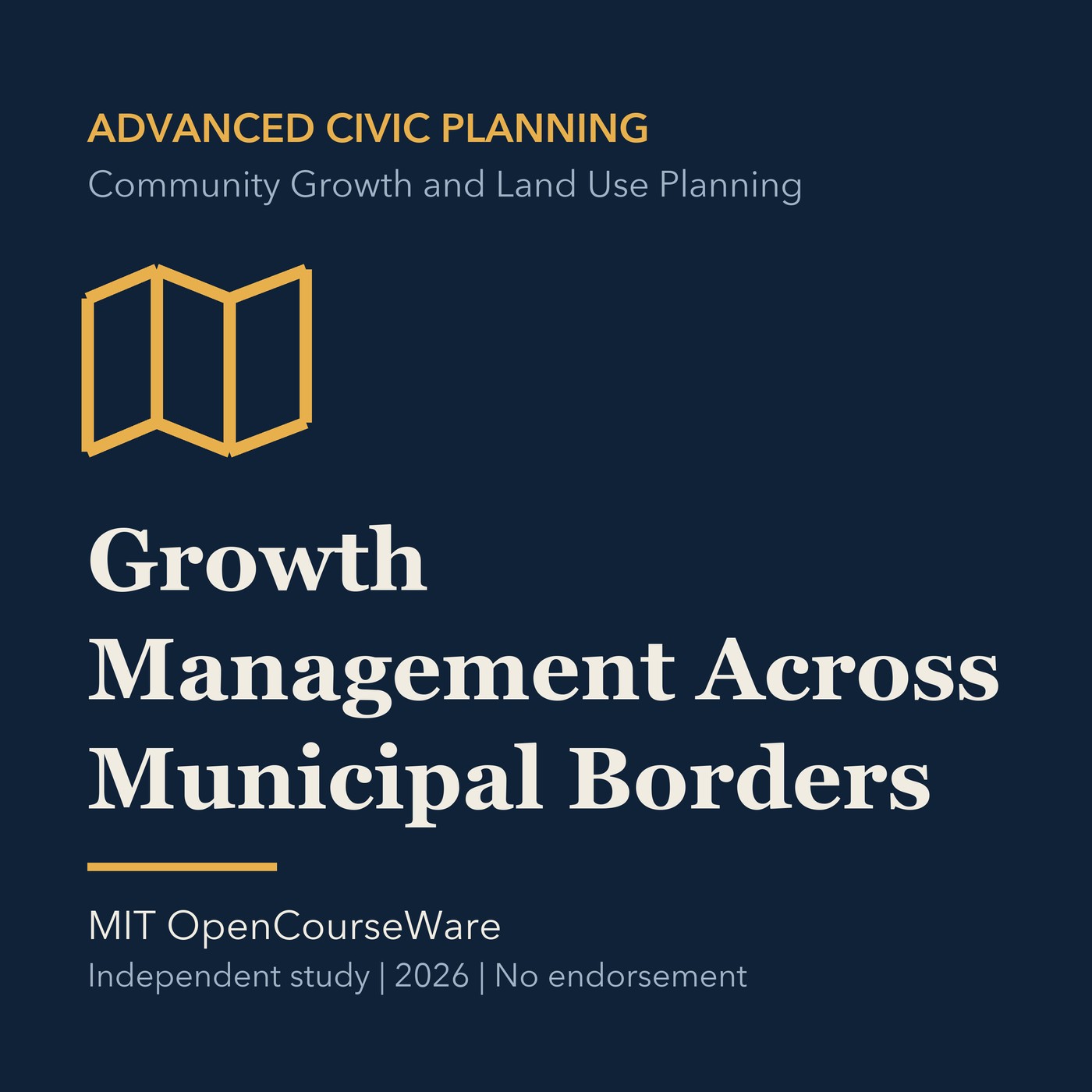 Gold civic planning line art and ivory episode title on a deep navy background.