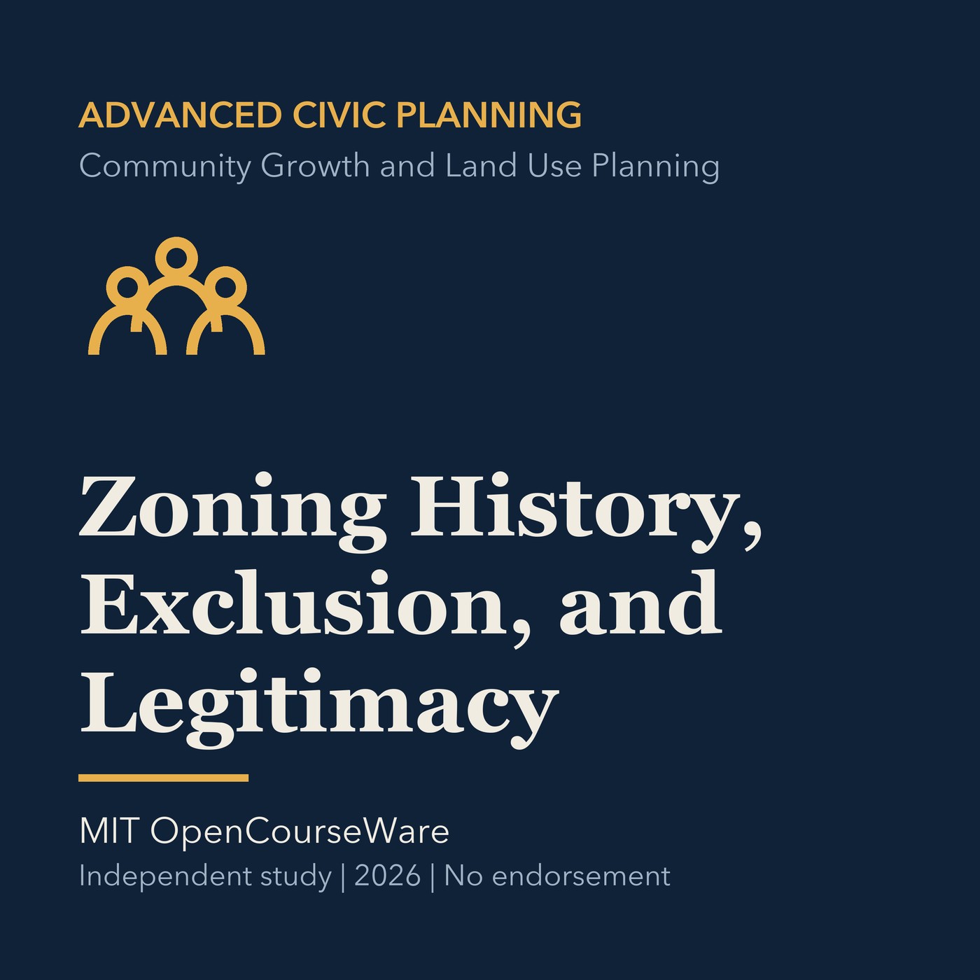Gold civic planning line art and ivory episode title on a deep navy background.