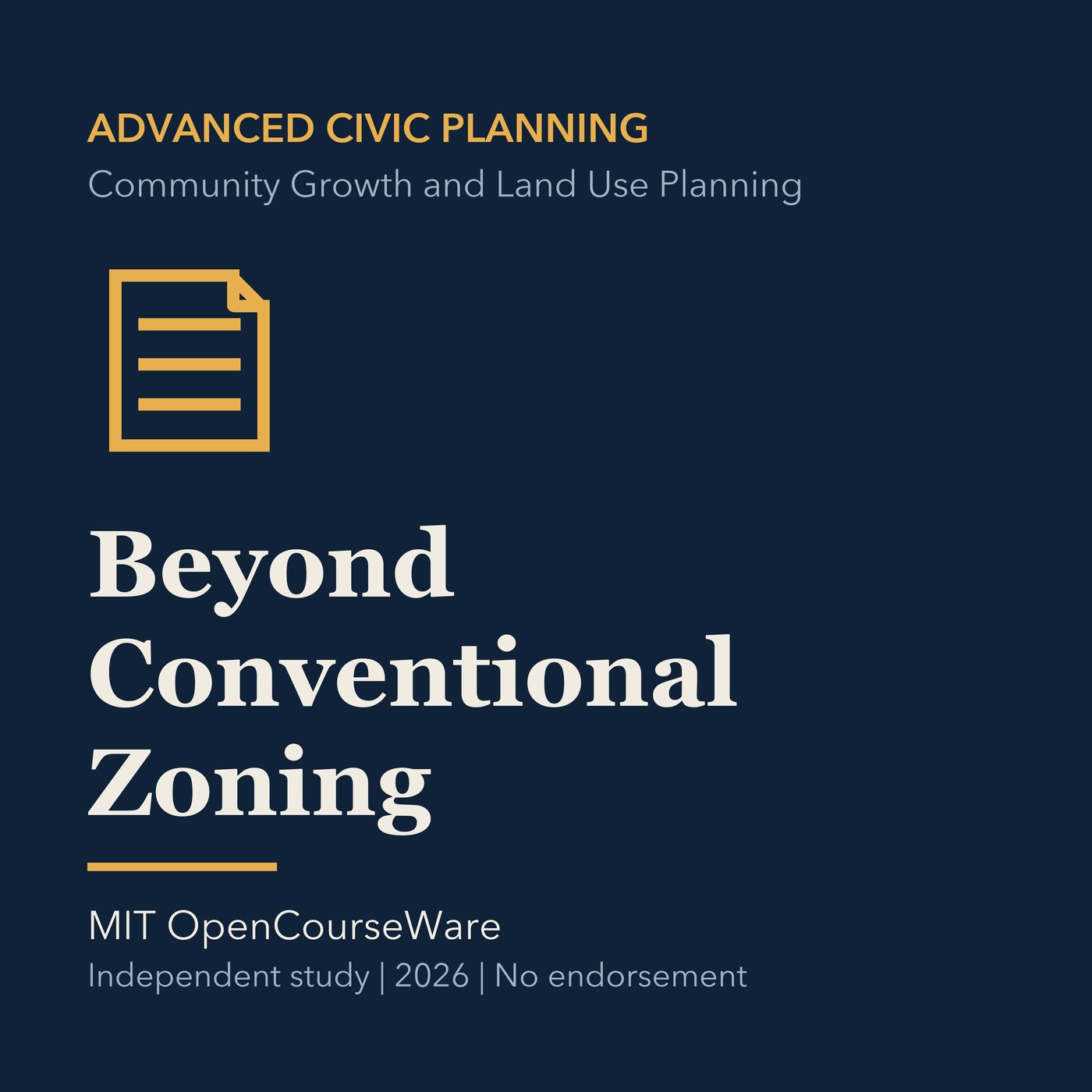 Gold civic planning line art and ivory episode title on a deep navy background.