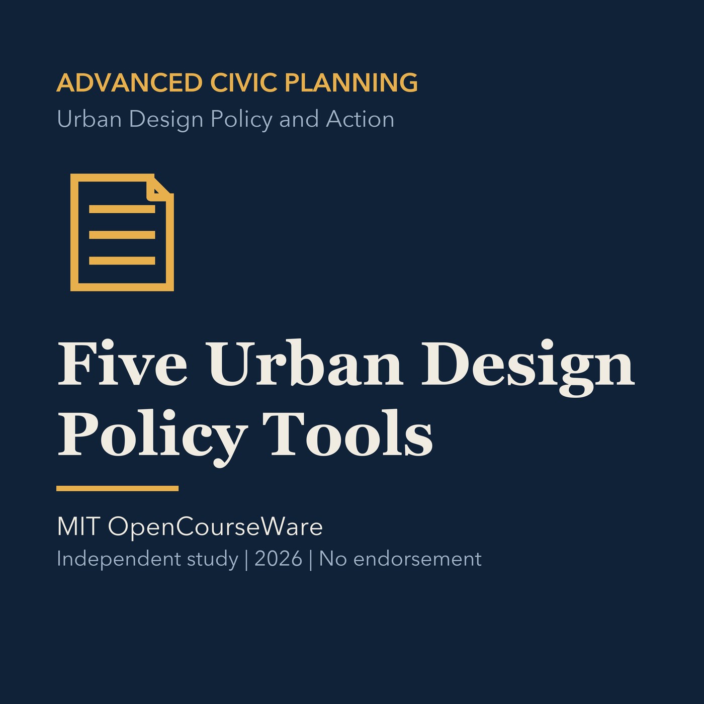 Gold civic planning line art and ivory episode title on a deep navy background.