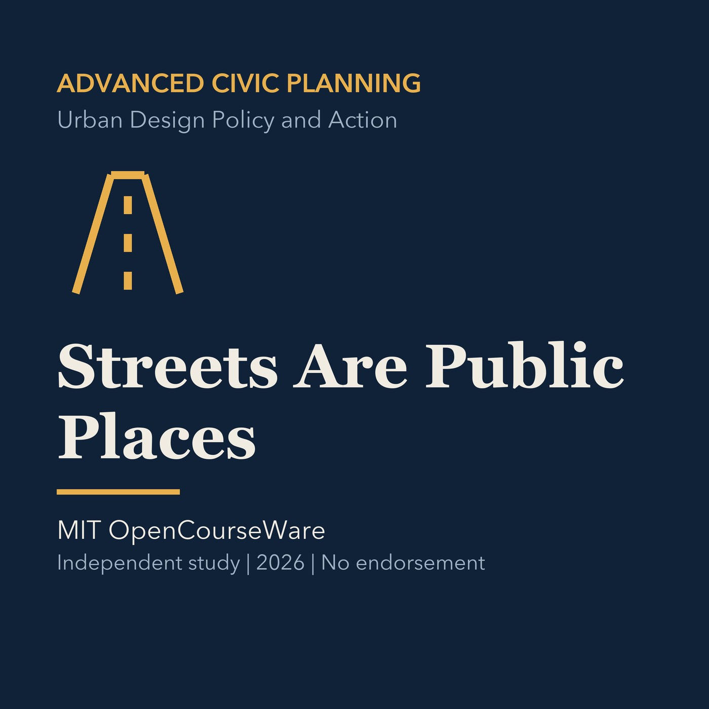 Gold civic planning line art and ivory episode title on a deep navy background.