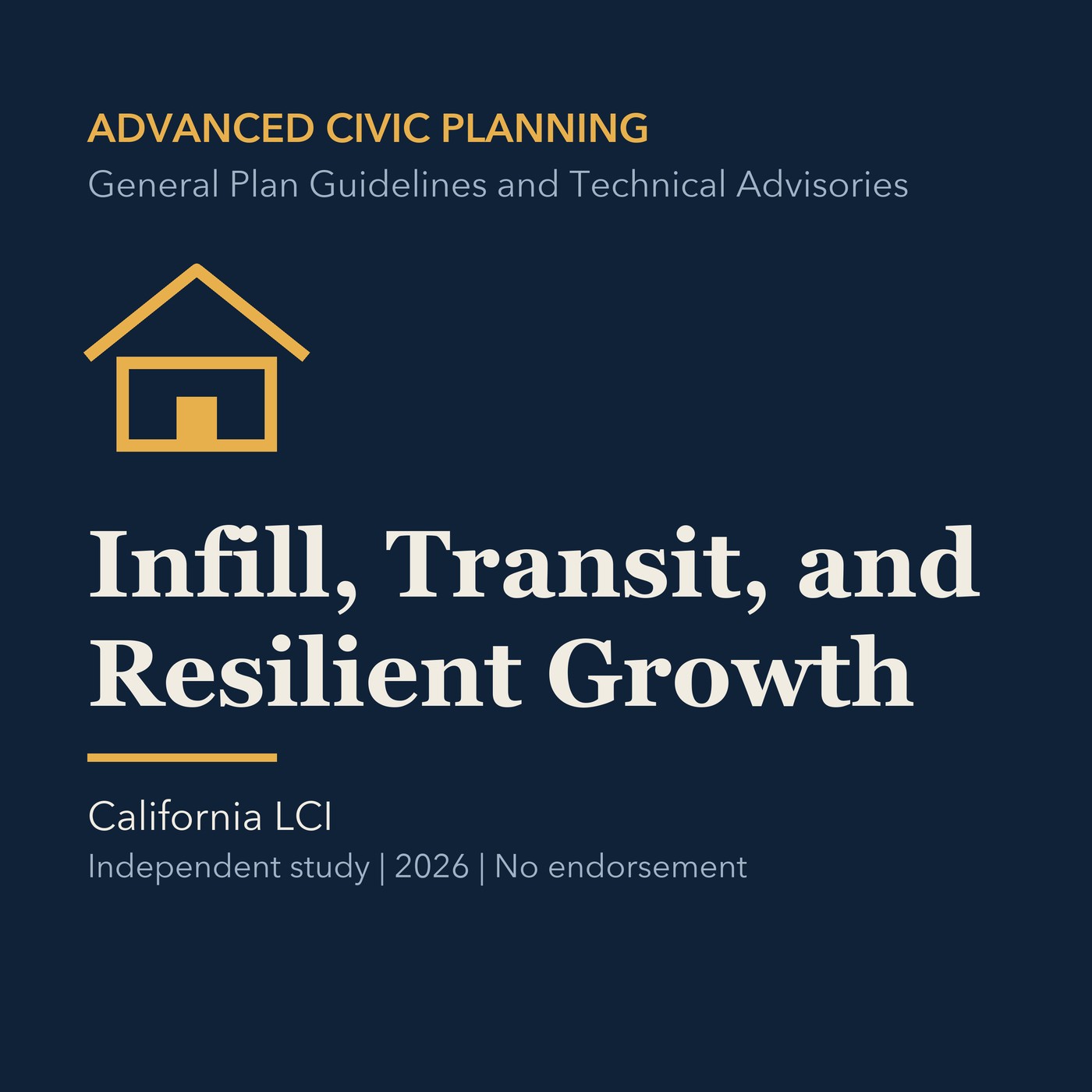 Gold civic planning line art and ivory episode title on a deep navy background.