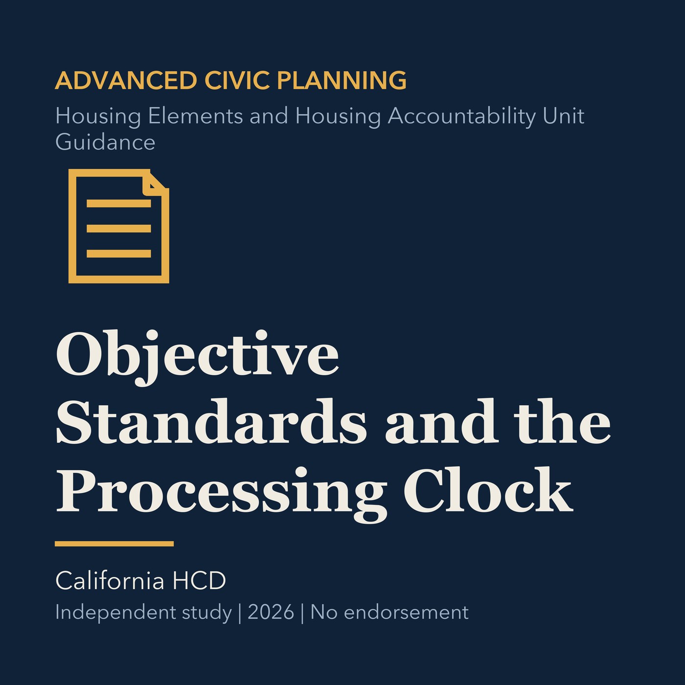 Gold civic planning line art and ivory episode title on a deep navy background.