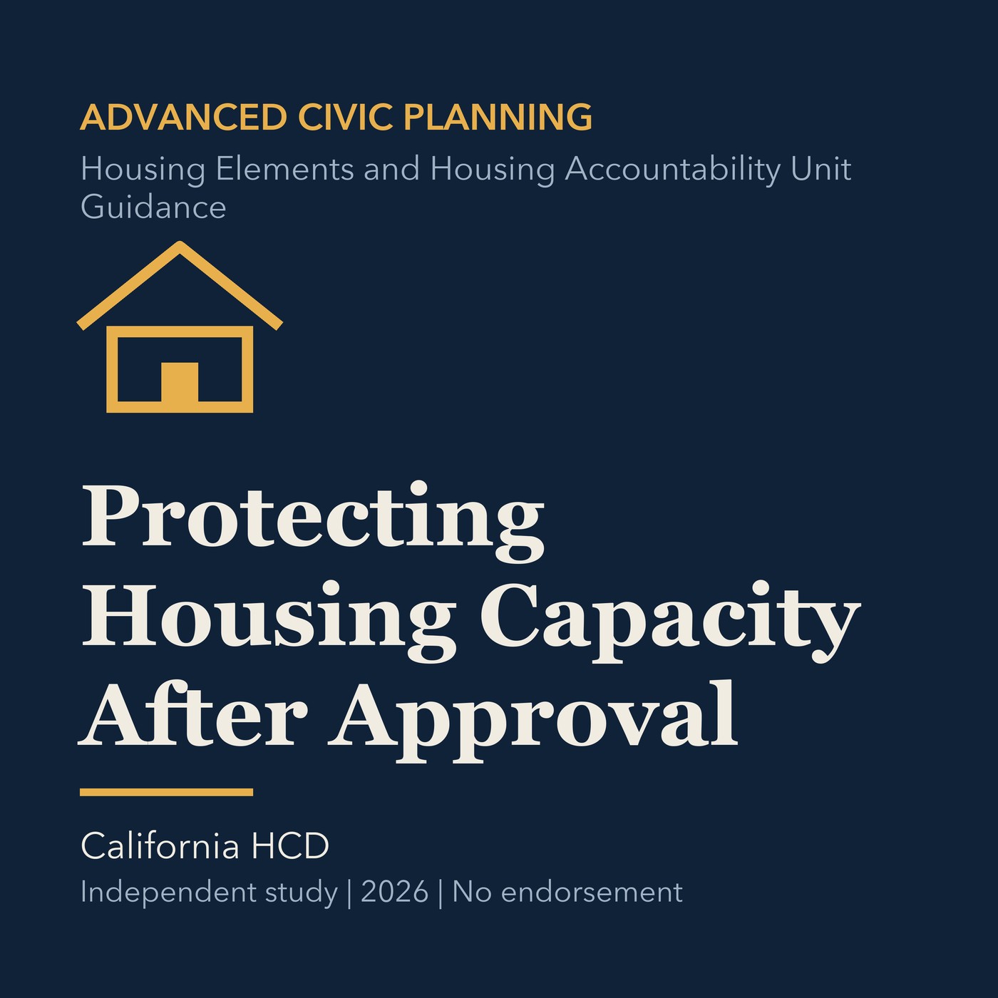 Gold civic planning line art and ivory episode title on a deep navy background.