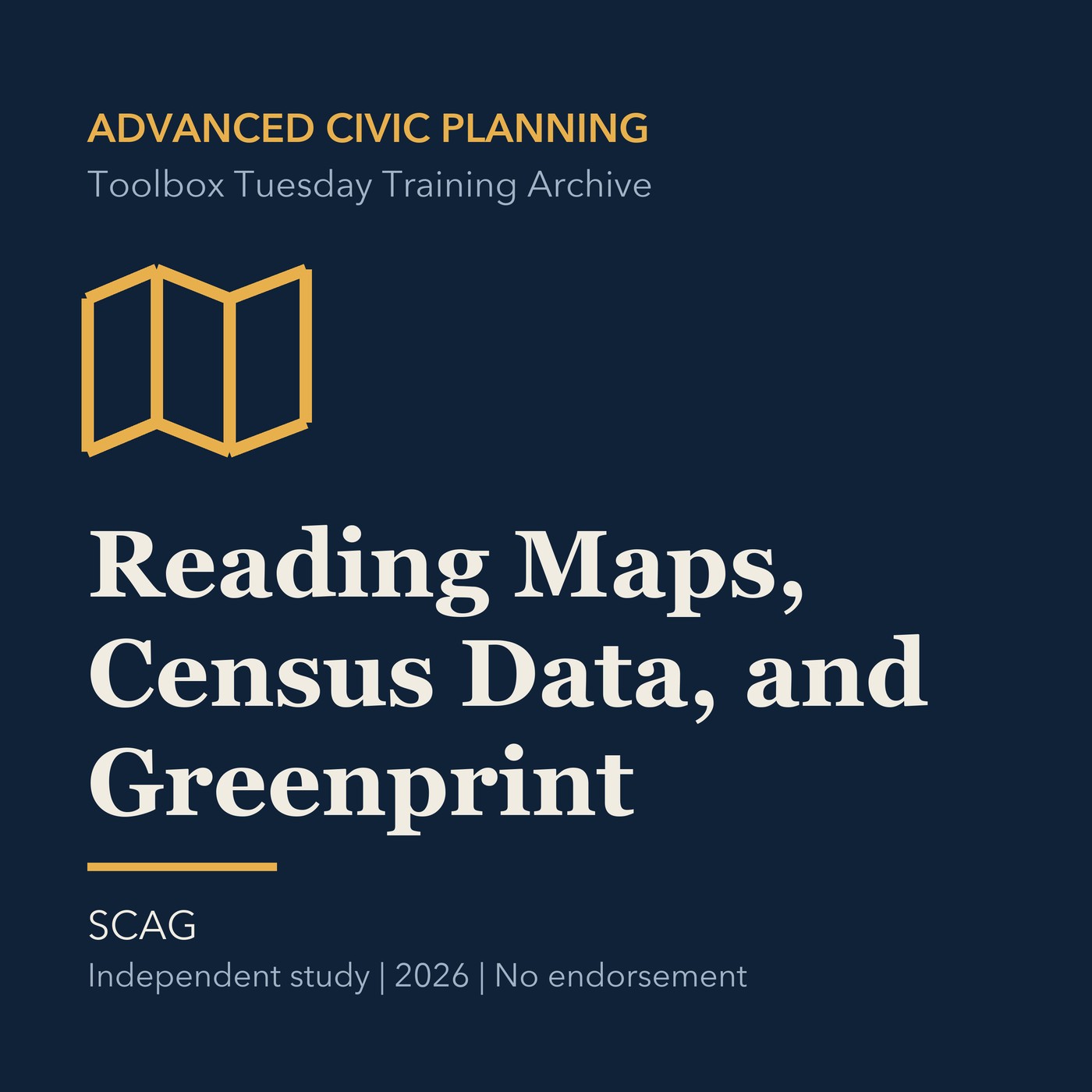 Gold civic planning line art and ivory episode title on a deep navy background.