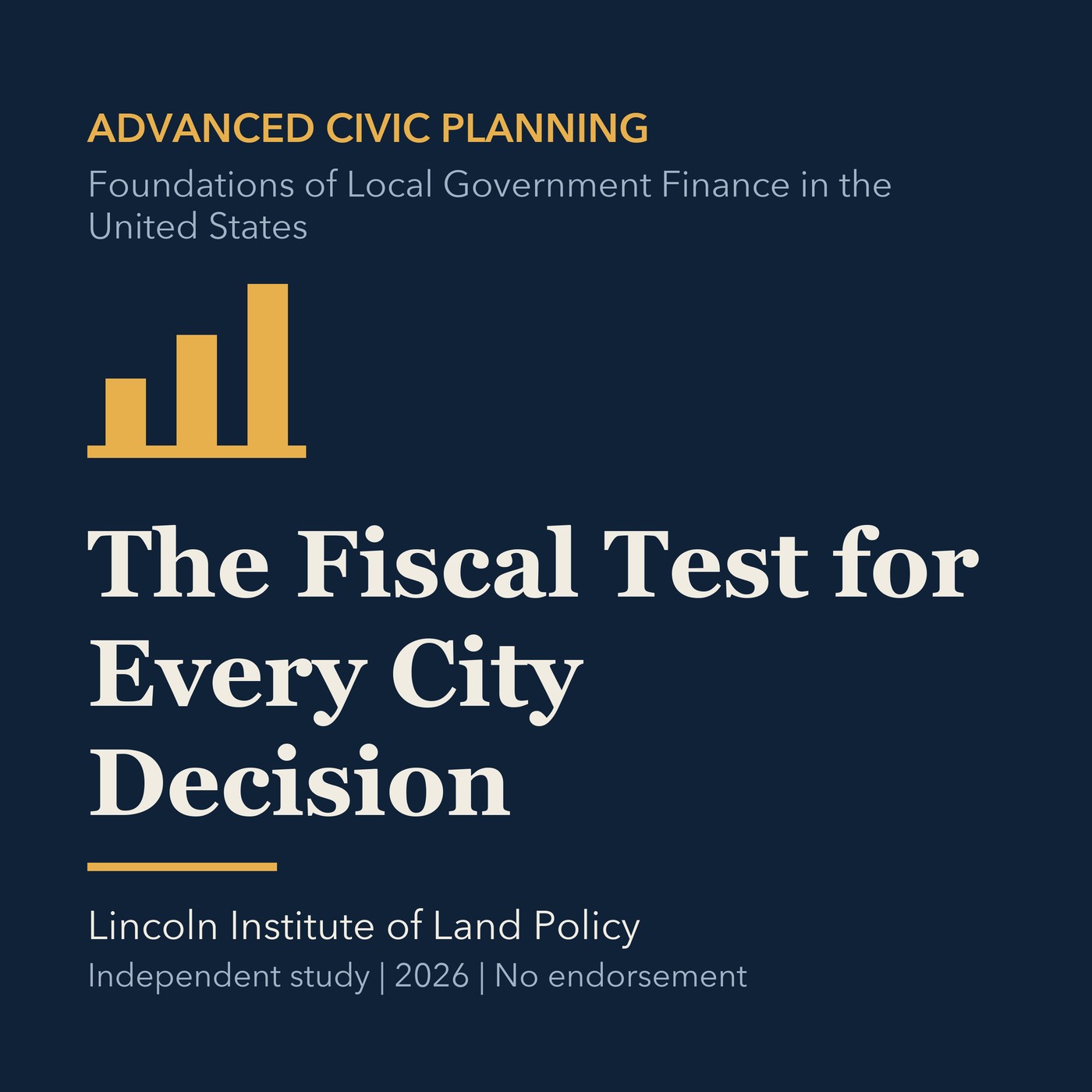 Gold civic planning line art and ivory episode title on a deep navy background.