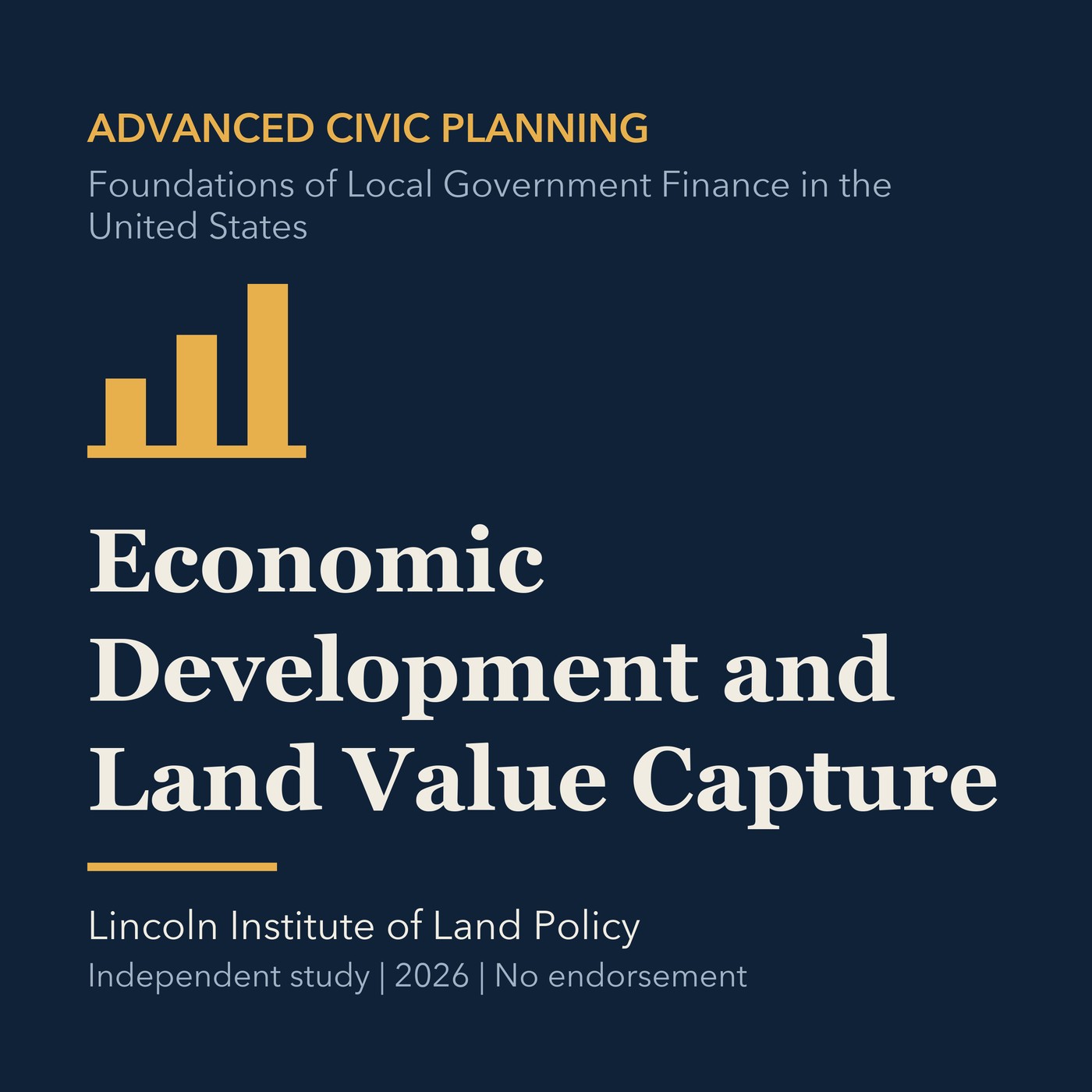 Gold civic planning line art and ivory episode title on a deep navy background.