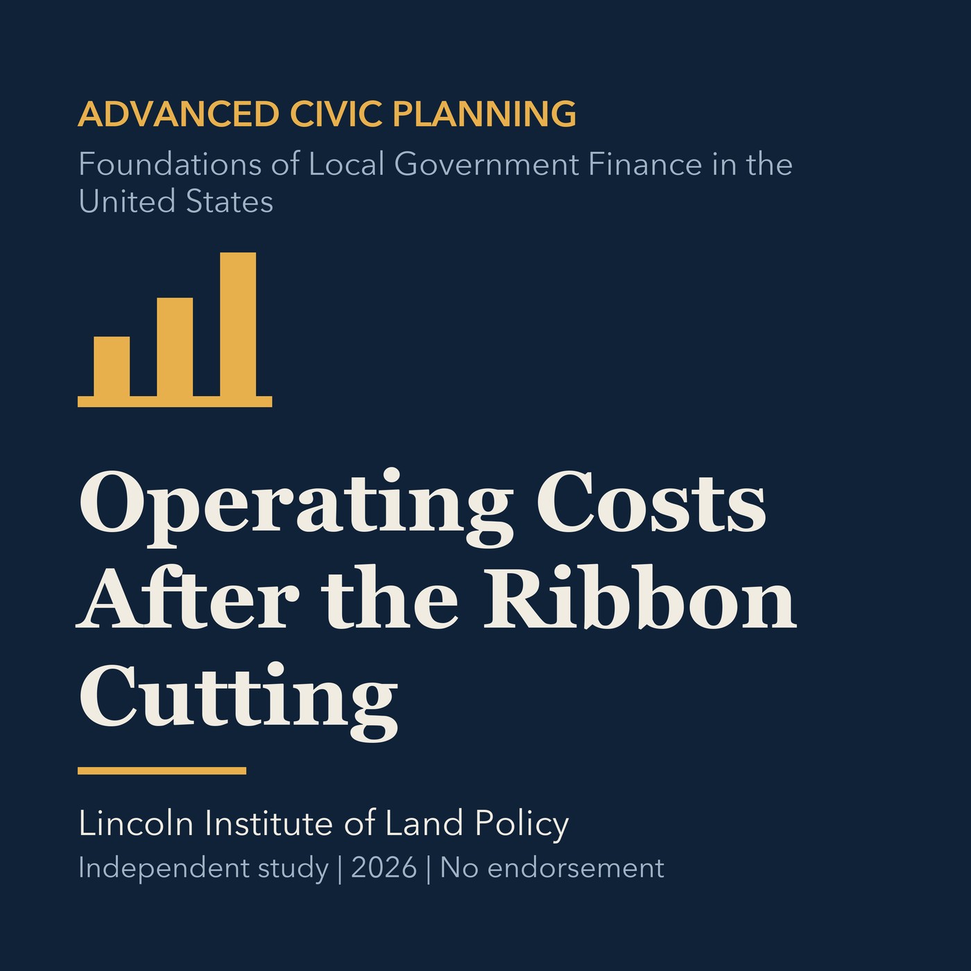 Gold civic planning line art and ivory episode title on a deep navy background.
