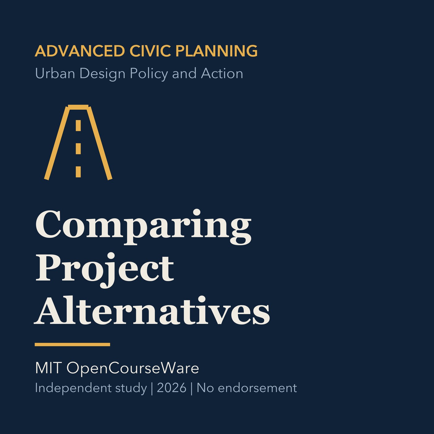 Gold civic planning line art and ivory episode title on a deep navy background.