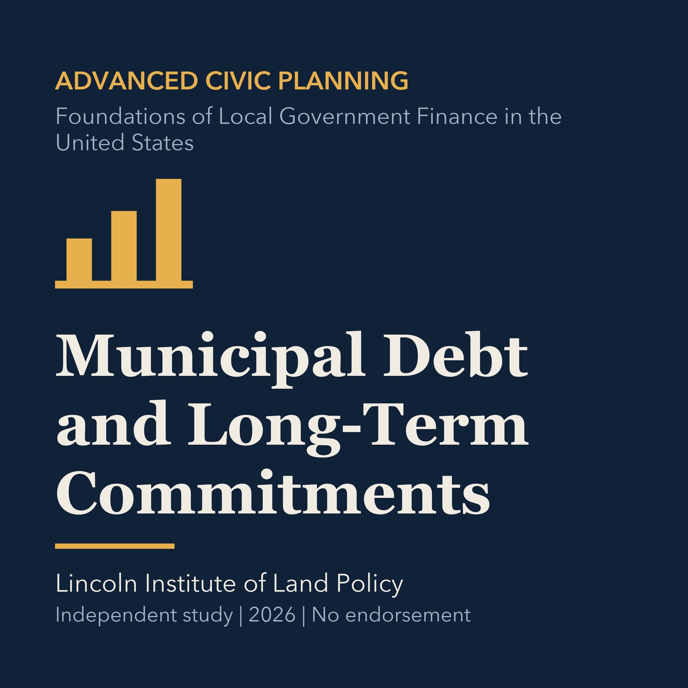 Gold civic planning line art and ivory episode title on a deep navy background.