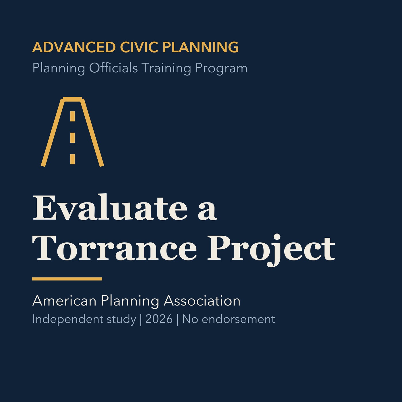 Gold civic planning line art and ivory episode title on a deep navy background.