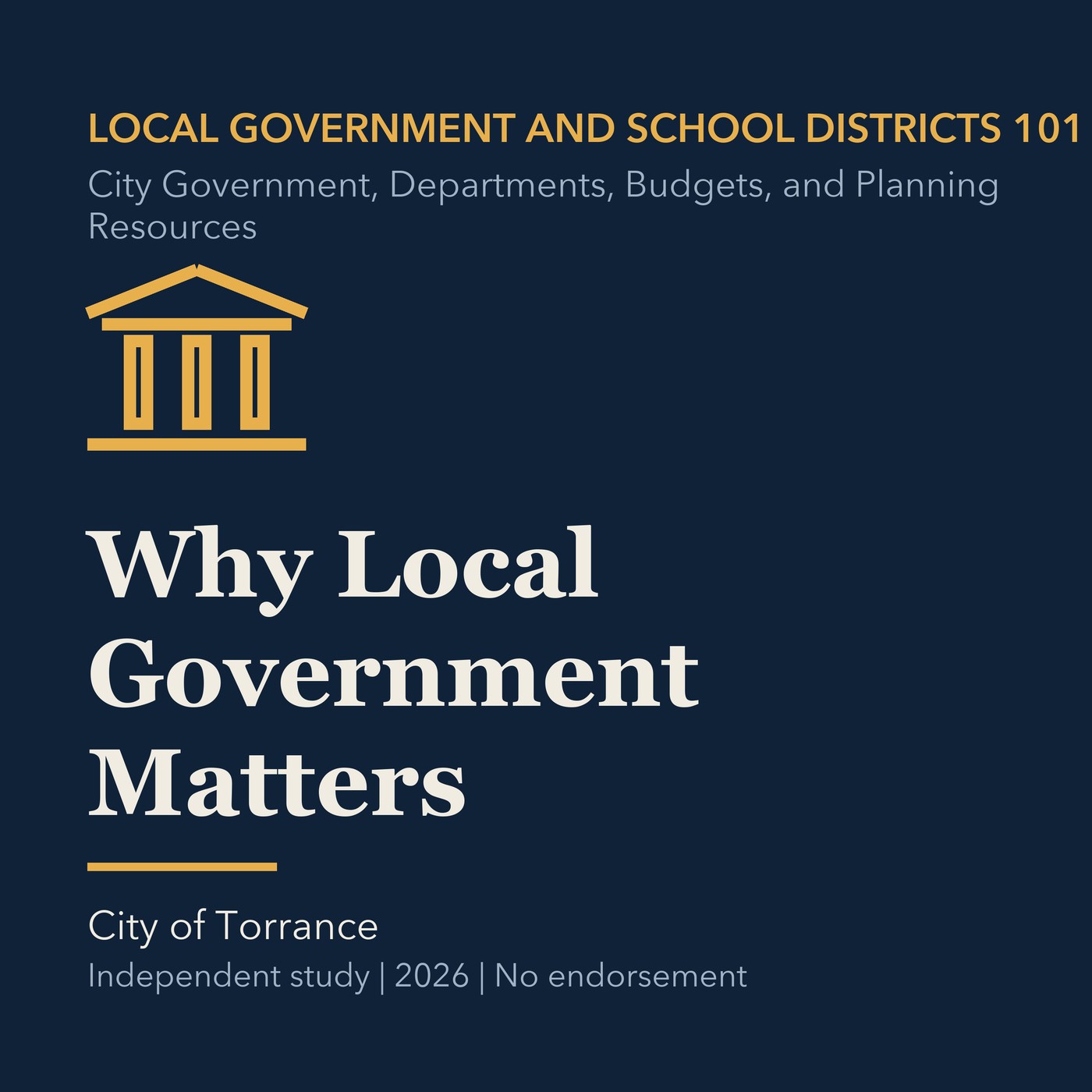 Gold local government line art and ivory episode title on a deep navy background.