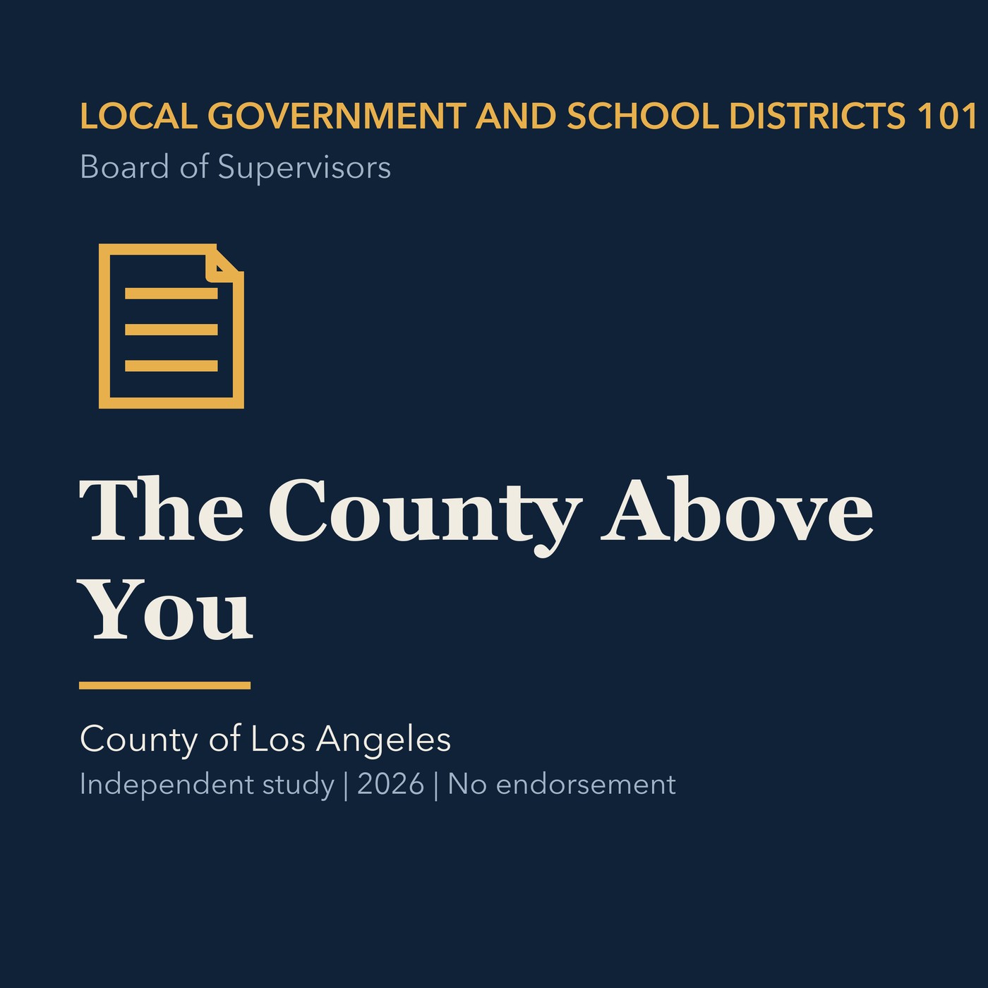 Gold local government line art and ivory episode title on a deep navy background.
