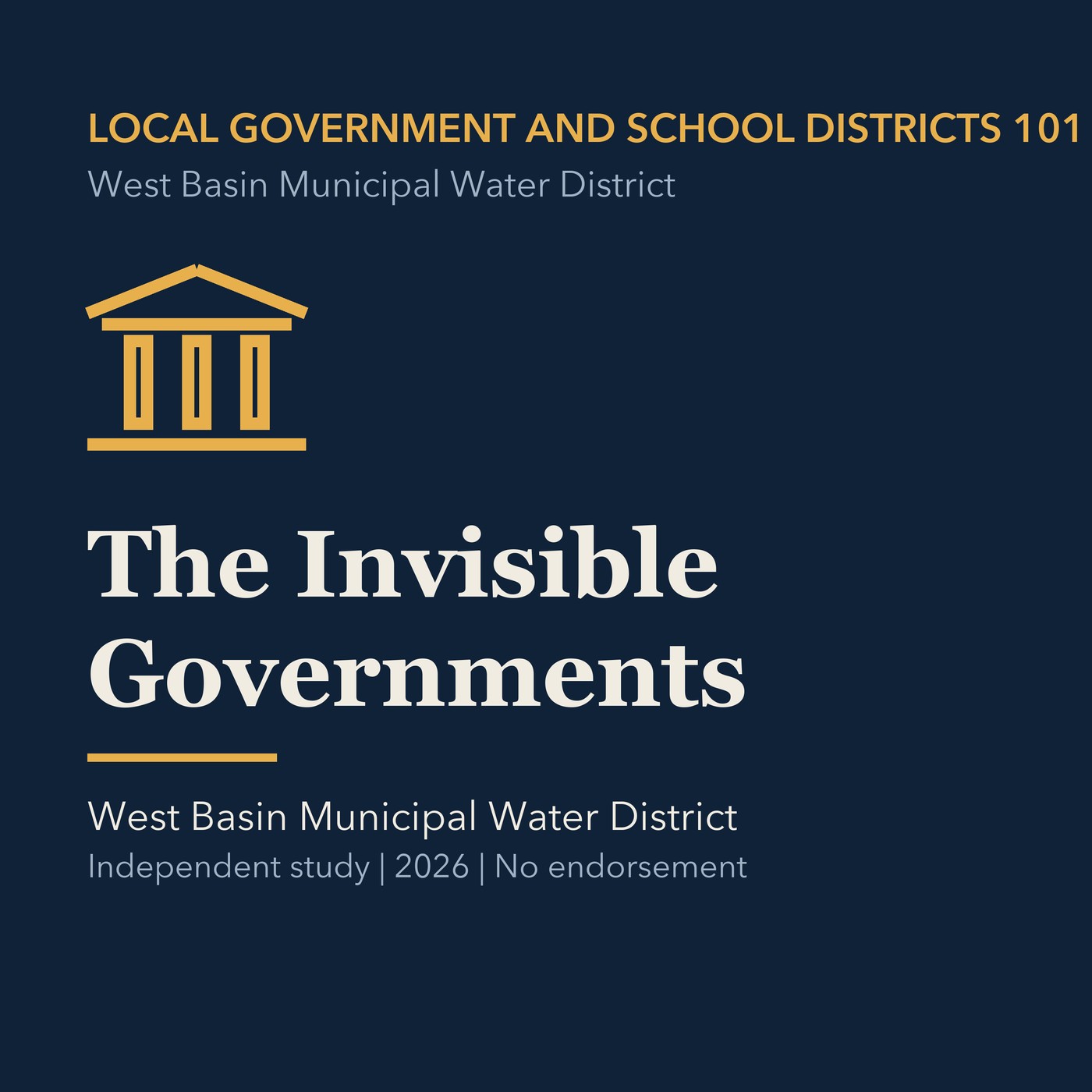 Gold local government line art and ivory episode title on a deep navy background.