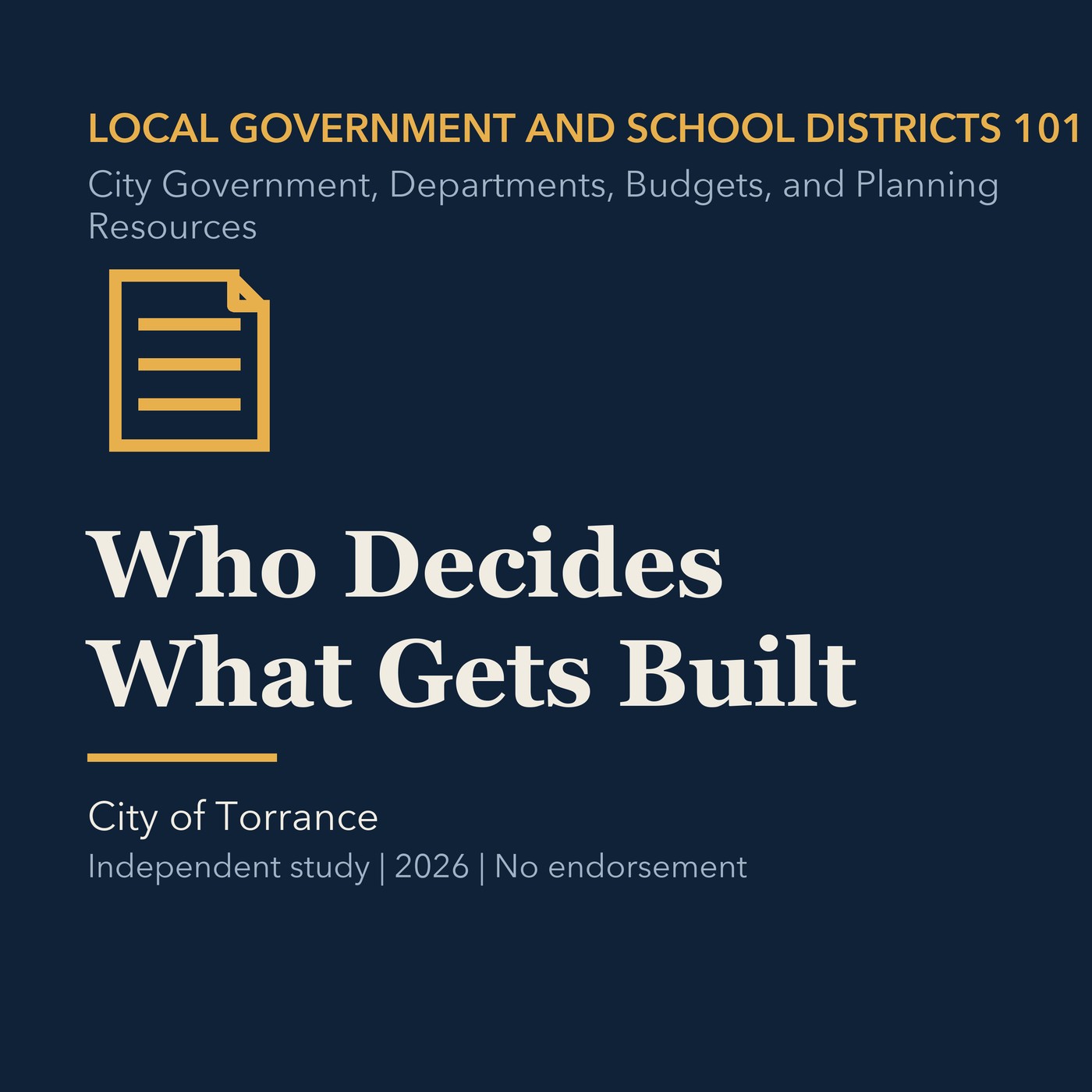 Gold local government line art and ivory episode title on a deep navy background.