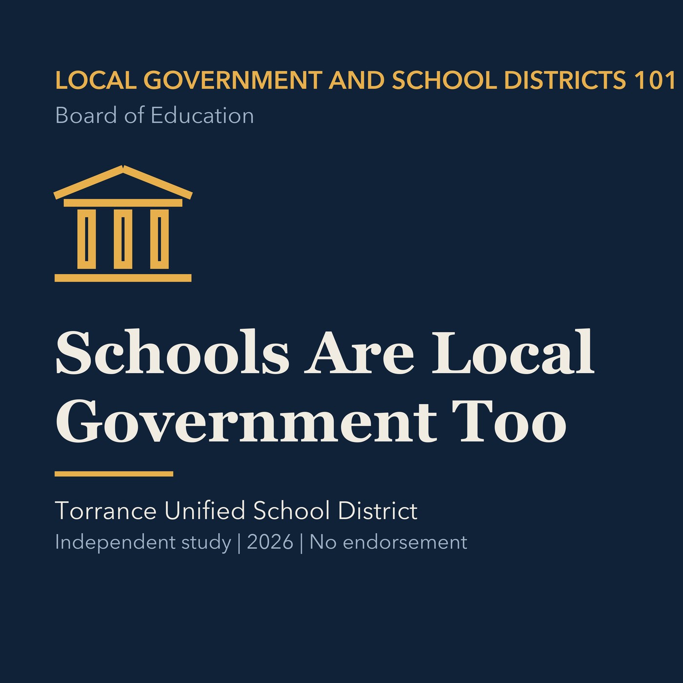 Gold local government line art and ivory episode title on a deep navy background.
