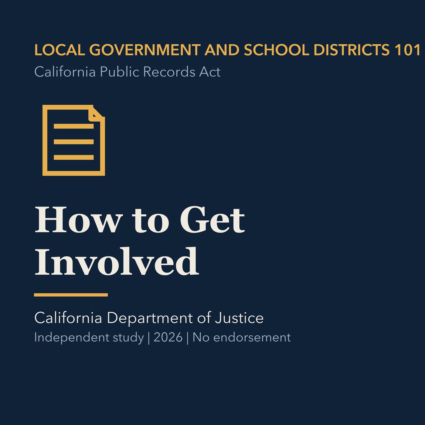 Gold local government line art and ivory episode title on a deep navy background.