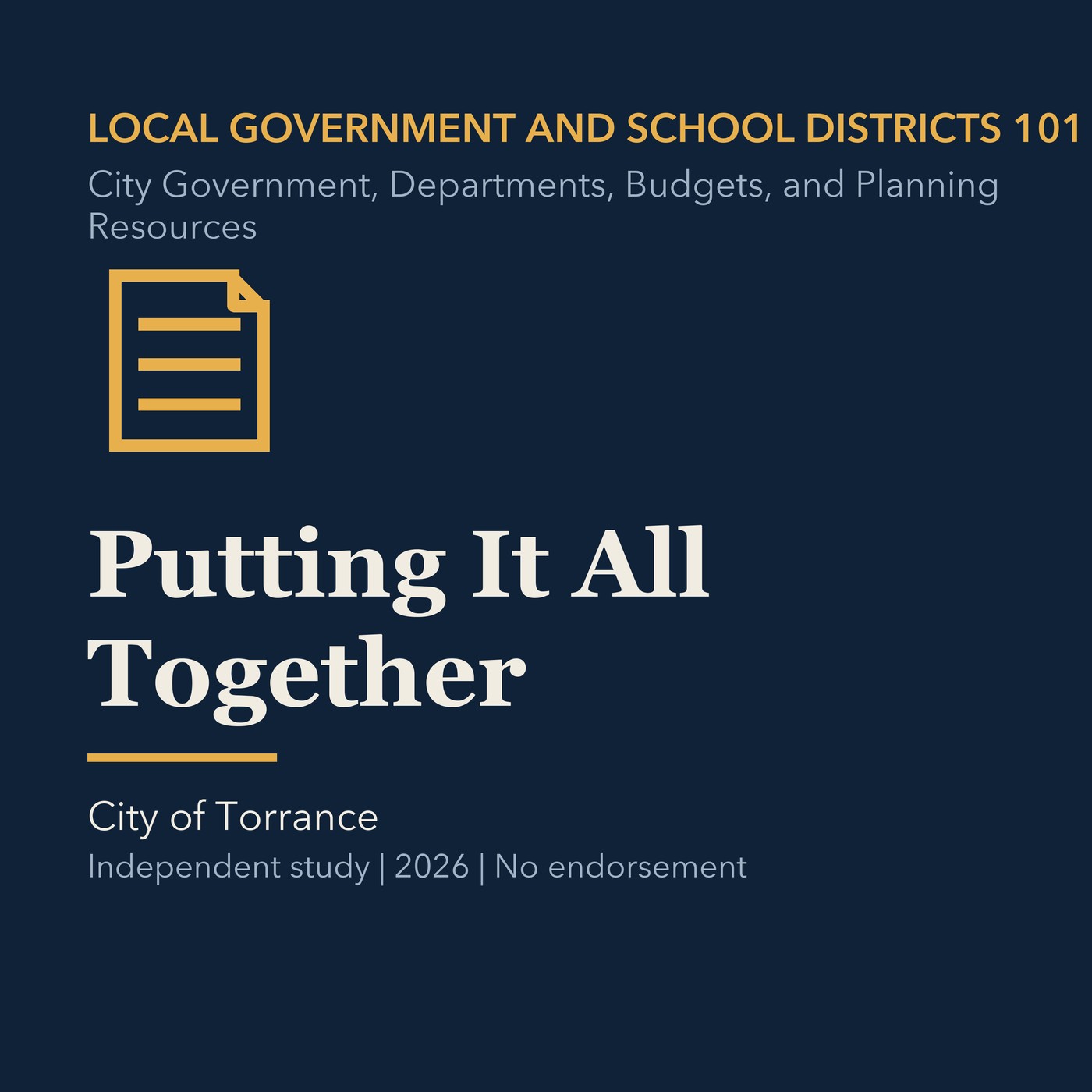 Gold local government line art and ivory episode title on a deep navy background.