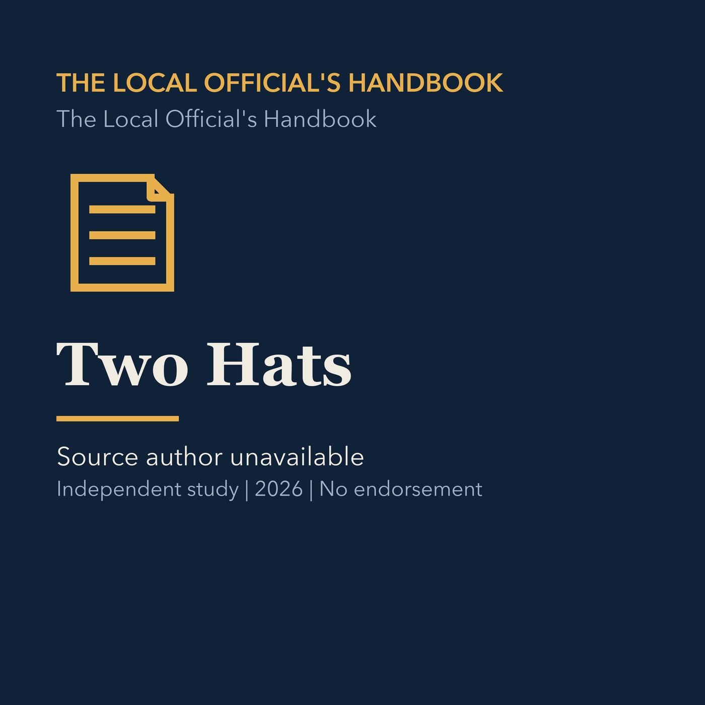 Gold civic handbook line art and ivory episode title on a deep navy background.