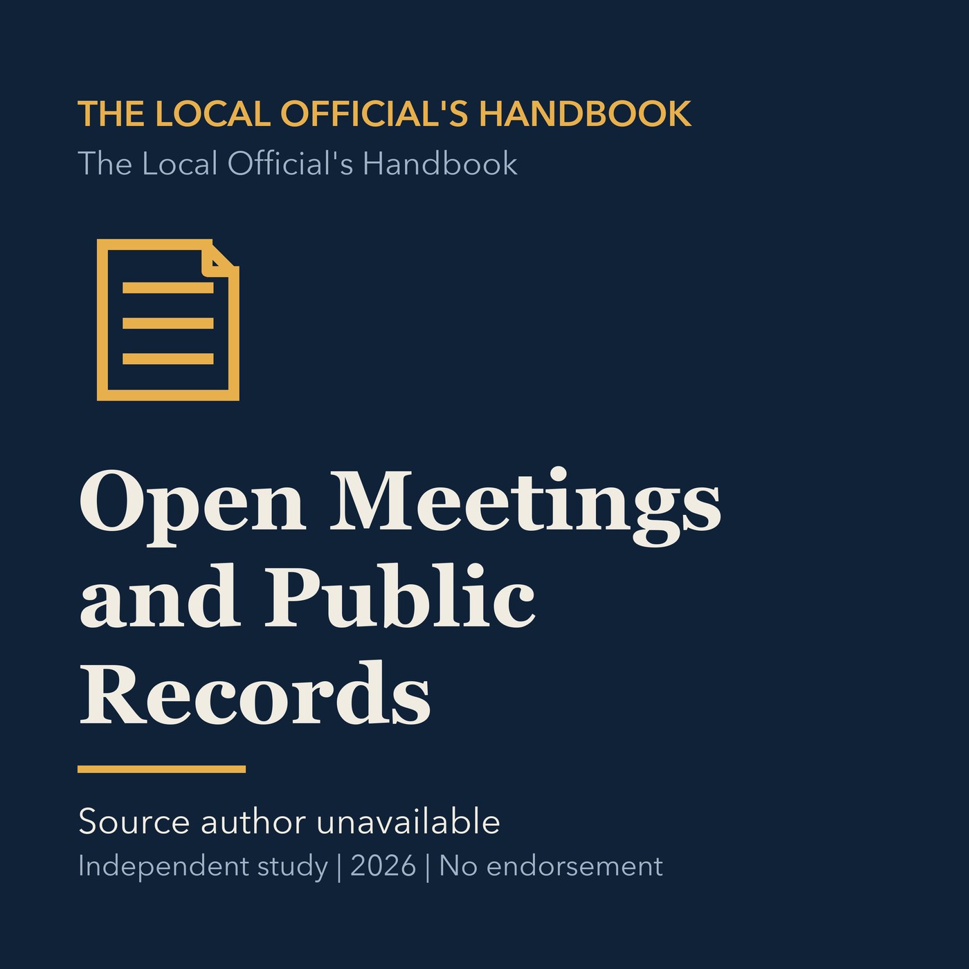 Gold civic handbook line art and ivory episode title on a deep navy background.