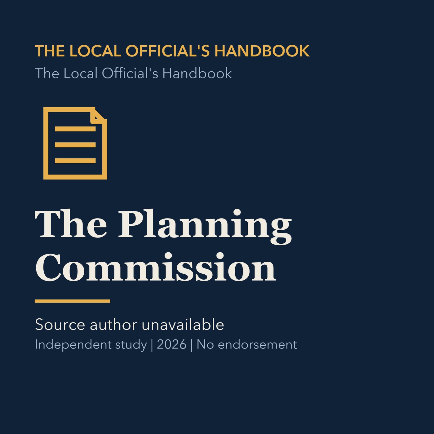 Gold civic handbook line art and ivory episode title on a deep navy background.