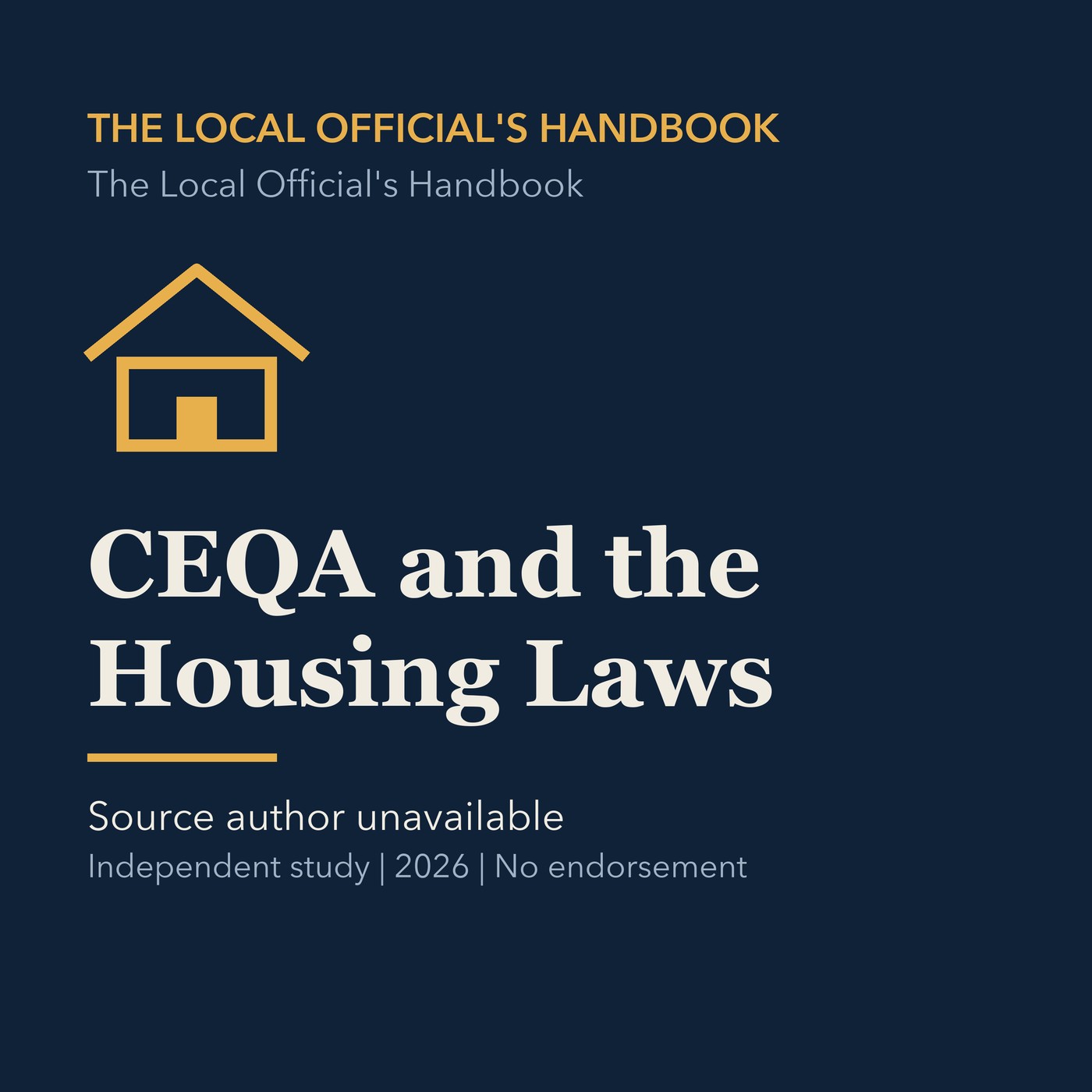 Gold civic handbook line art and ivory episode title on a deep navy background.
