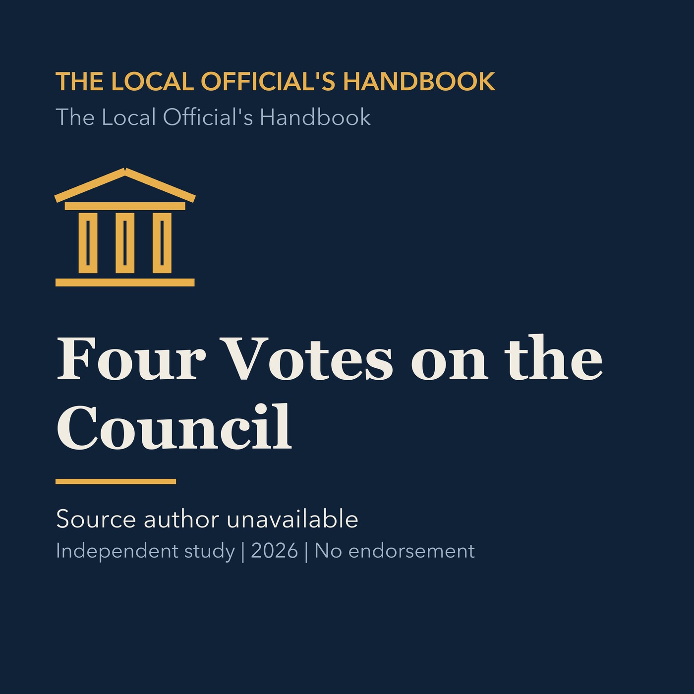 Gold civic handbook line art and ivory episode title on a deep navy background.