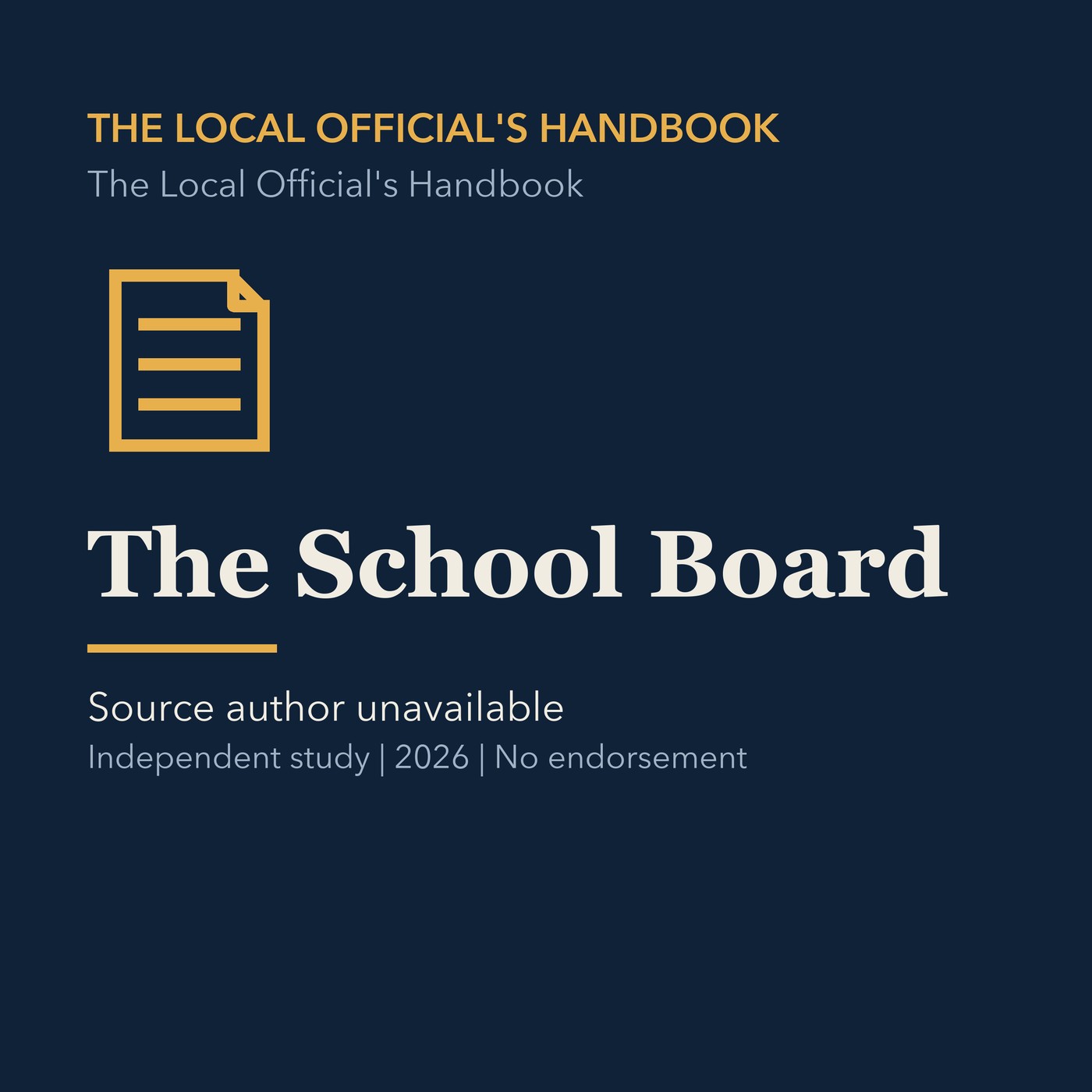 Gold civic handbook line art and ivory episode title on a deep navy background.