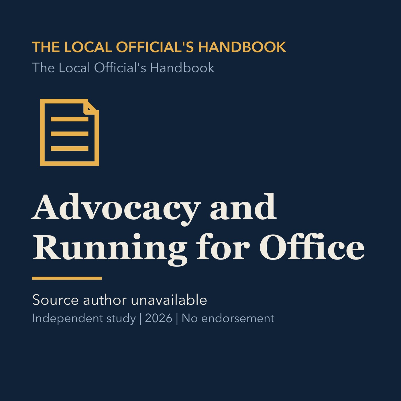 Gold civic handbook line art and ivory episode title on a deep navy background.