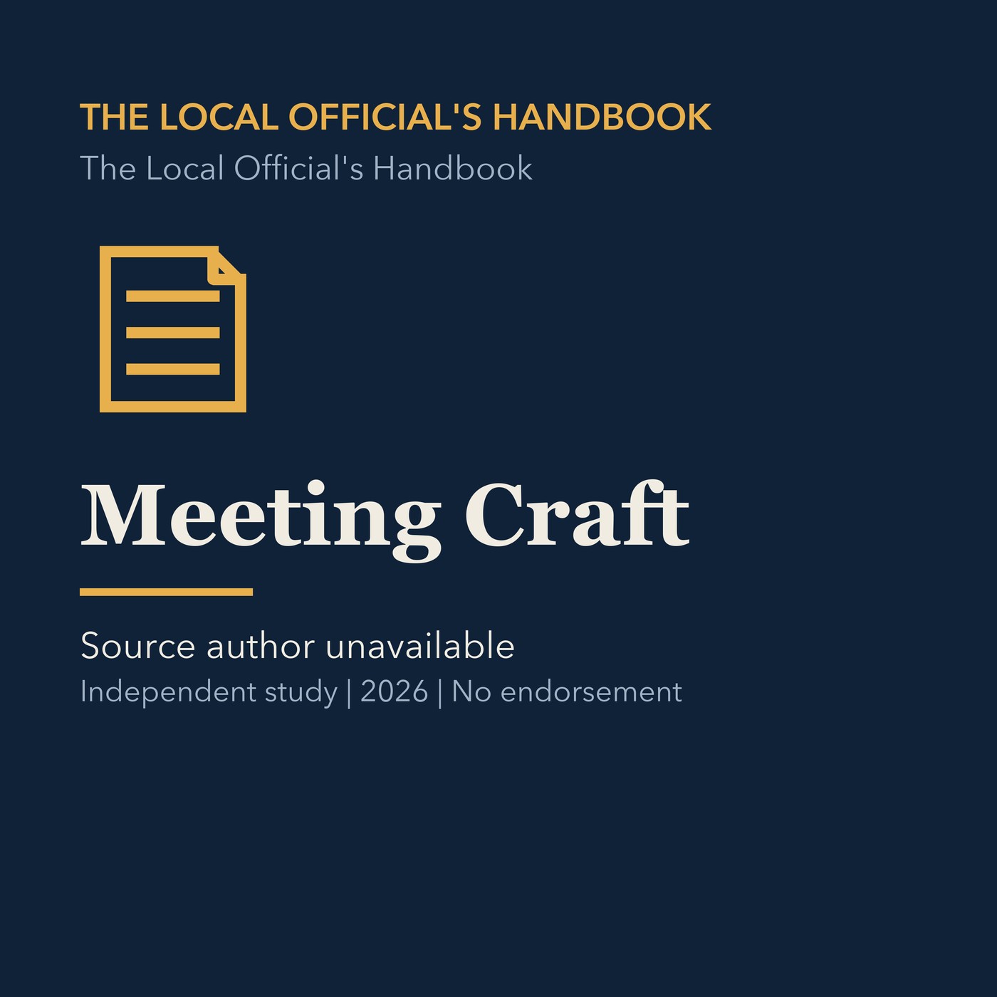Gold civic handbook line art and ivory episode title on a deep navy background.