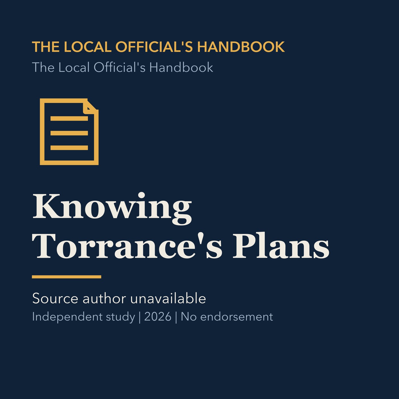 Gold civic handbook line art and ivory episode title on a deep navy background.