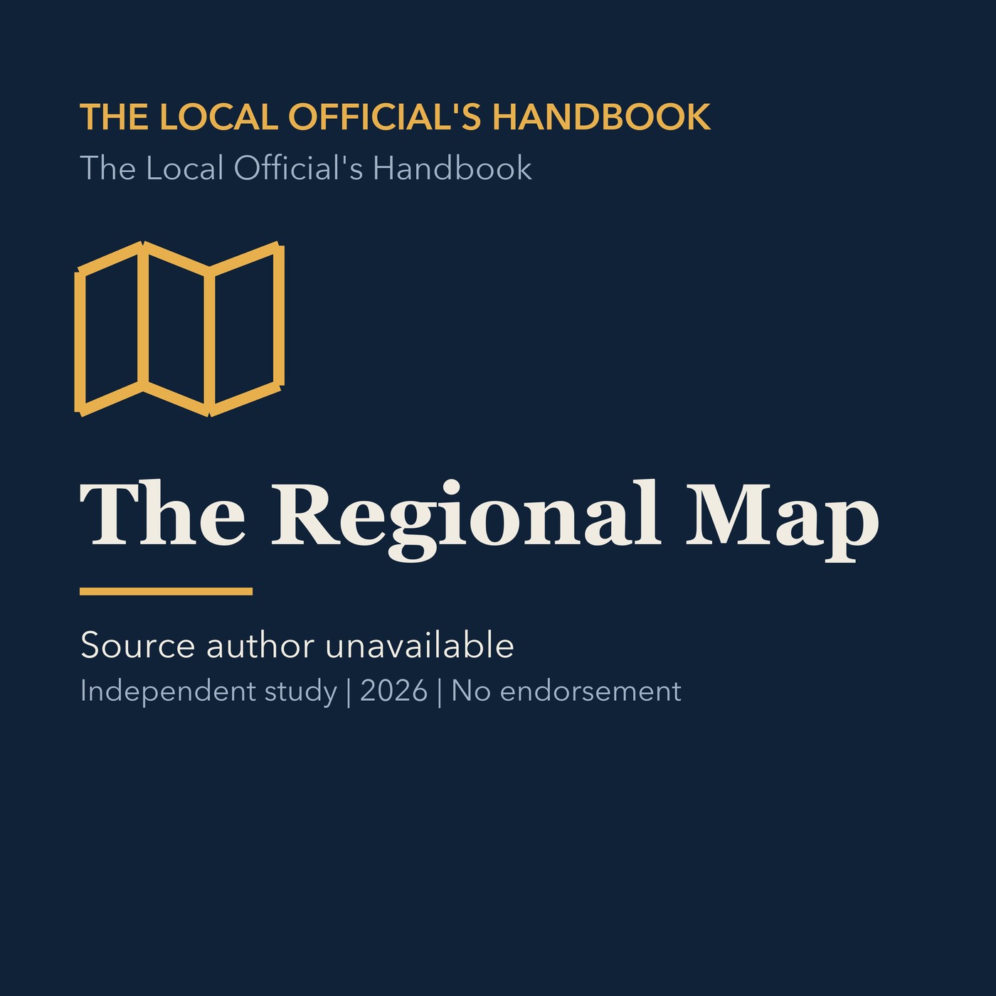 Gold civic handbook line art and ivory episode title on a deep navy background.