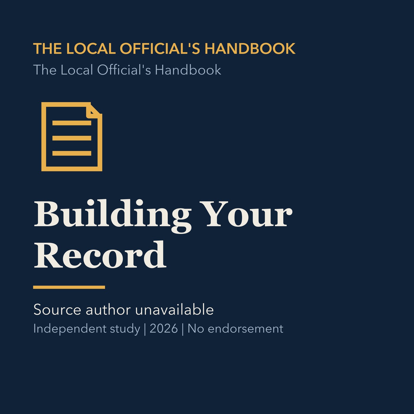 Gold civic handbook line art and ivory episode title on a deep navy background.