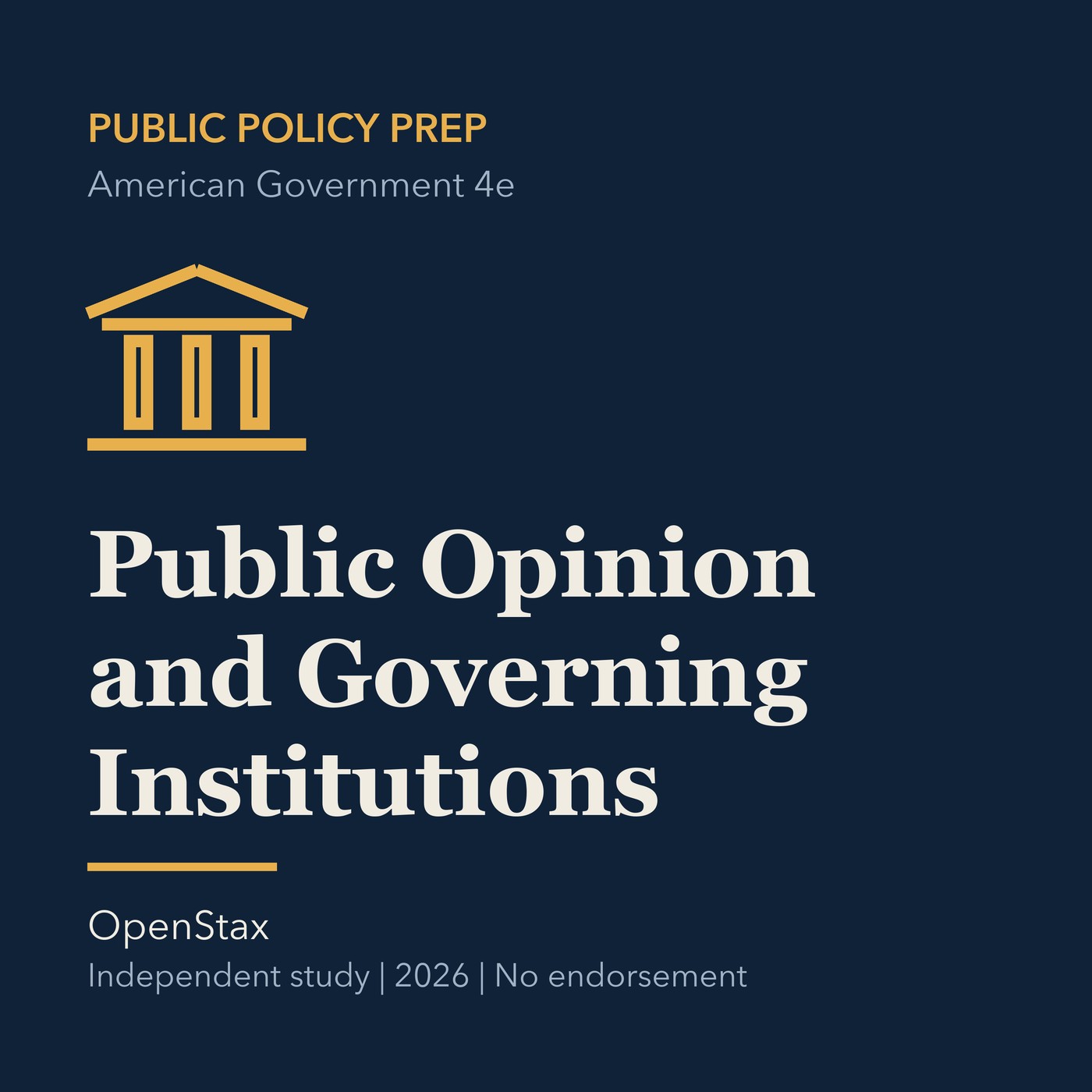 Gold public policy line art and ivory episode title on a deep navy background.