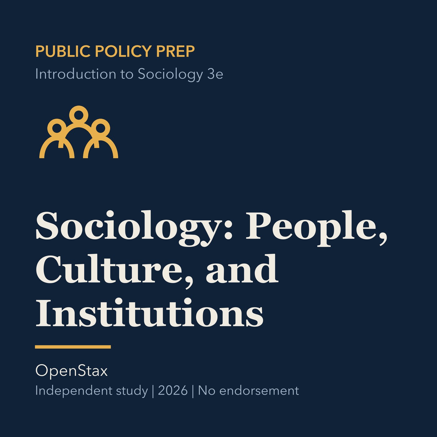 Gold public policy line art and ivory episode title on a deep navy background.