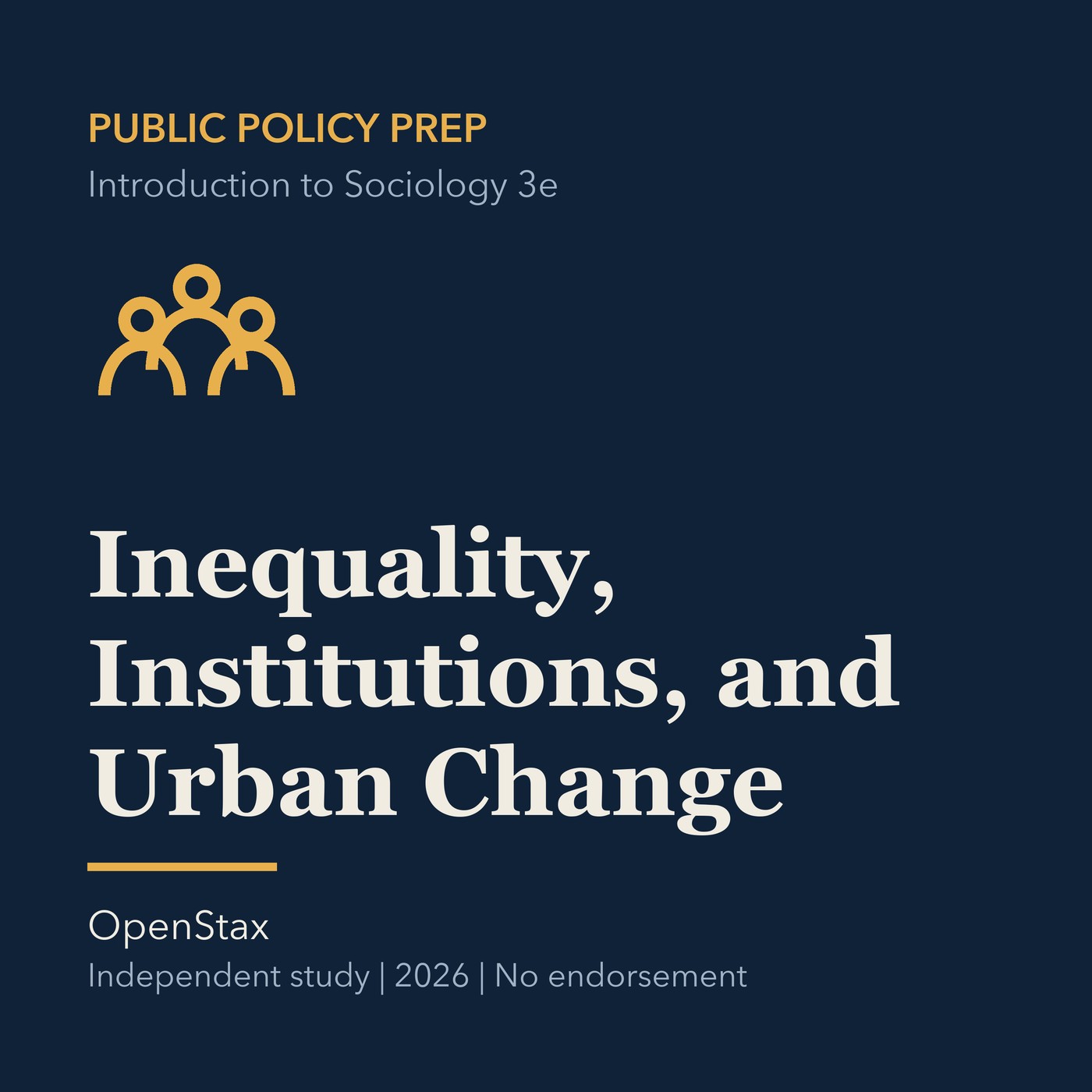 Gold public policy line art and ivory episode title on a deep navy background.