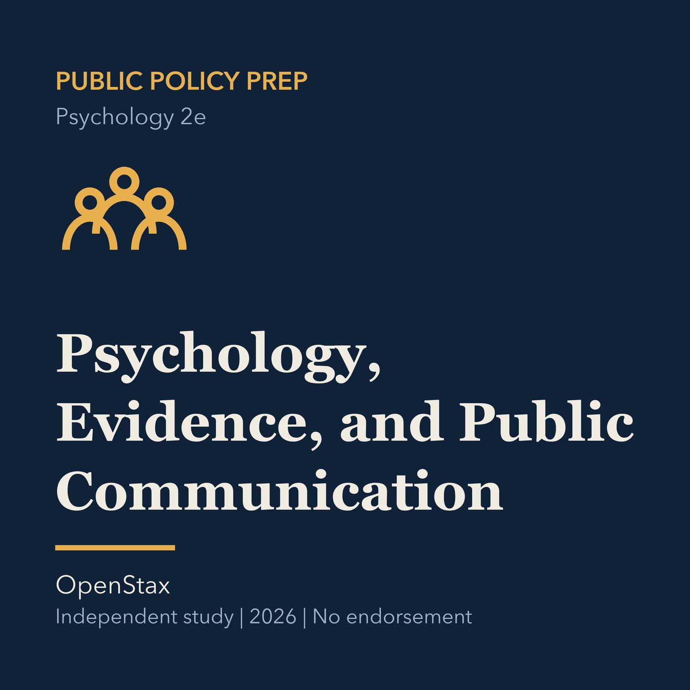 Gold public policy line art and ivory episode title on a deep navy background.