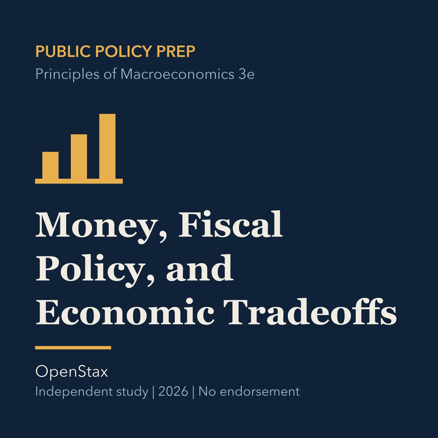 Gold public policy line art and ivory episode title on a deep navy background.