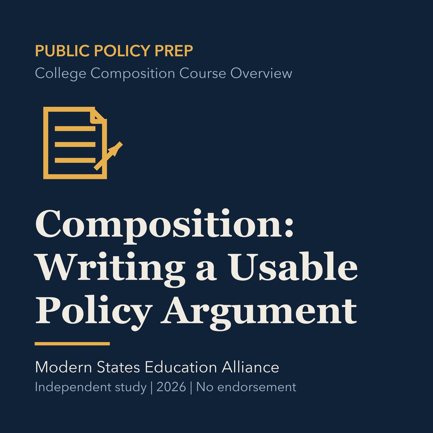Gold public policy line art and ivory episode title on a deep navy background.